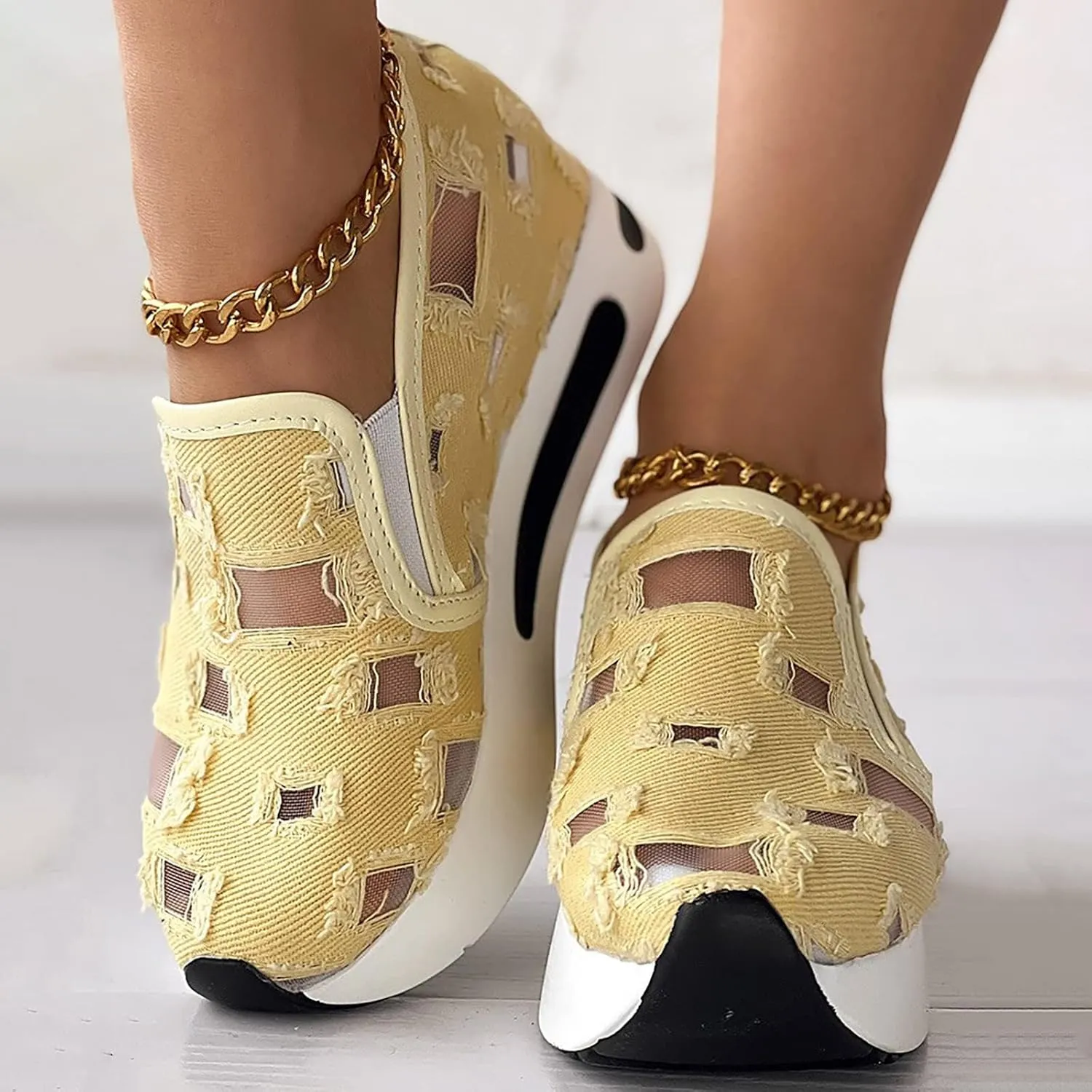 Women's Hollow Canvas Platform Loafers Mesh Slip On Walking Shoes Breathable Walking Work Shoes with Arch Support Non-Slip Wedge Casual Shoe