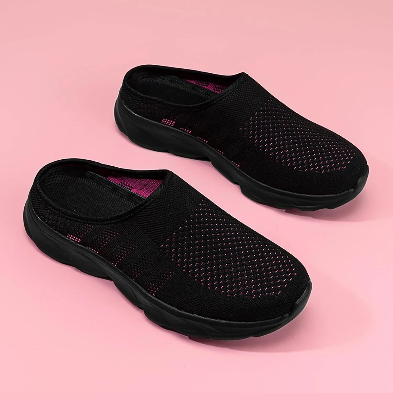 Women's Knit Round Toe Platform Clogs Mules Slip-On Casual Breathable Backless Wedge Arch Support Sneakers Non-Slip Lightweight Soft Sole Walking Driving Shoes