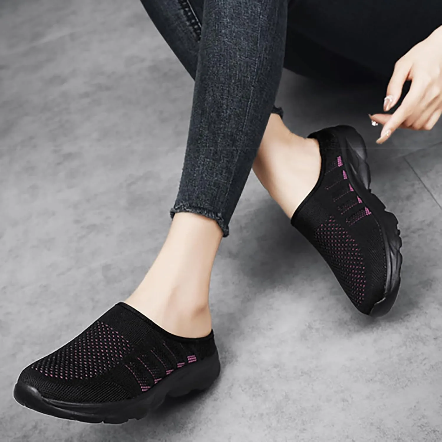 Women's Knit Round Toe Platform Clogs Mules Slip-On Casual Breathable Backless Wedge Arch Support Sneakers Non-Slip Lightweight Soft Sole Walking Driving Shoes