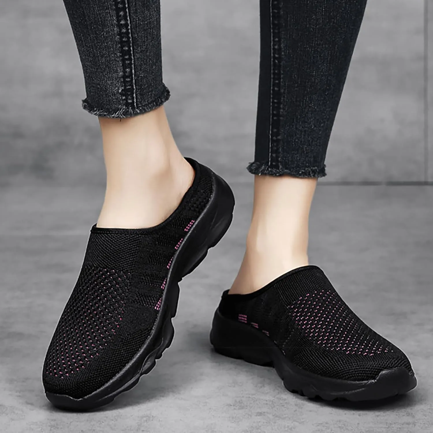 Women's Knit Round Toe Platform Clogs Mules Slip-On Casual Breathable Backless Wedge Arch Support Sneakers Non-Slip Lightweight Soft Sole Walking Driving Shoes