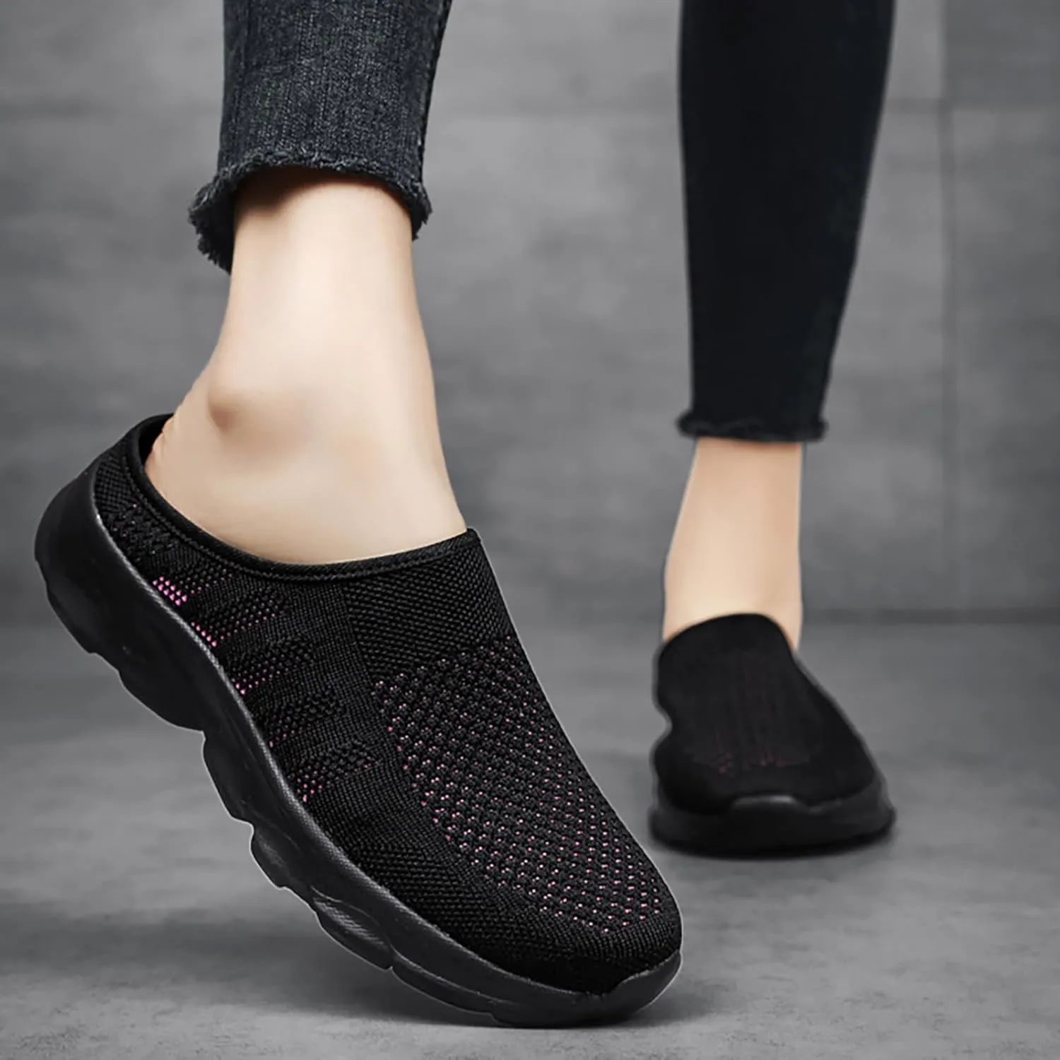 Women's Knit Round Toe Platform Clogs Mules Slip-On Casual Breathable Backless Wedge Arch Support Sneakers Non-Slip Lightweight Soft Sole Walking Driving Shoes
