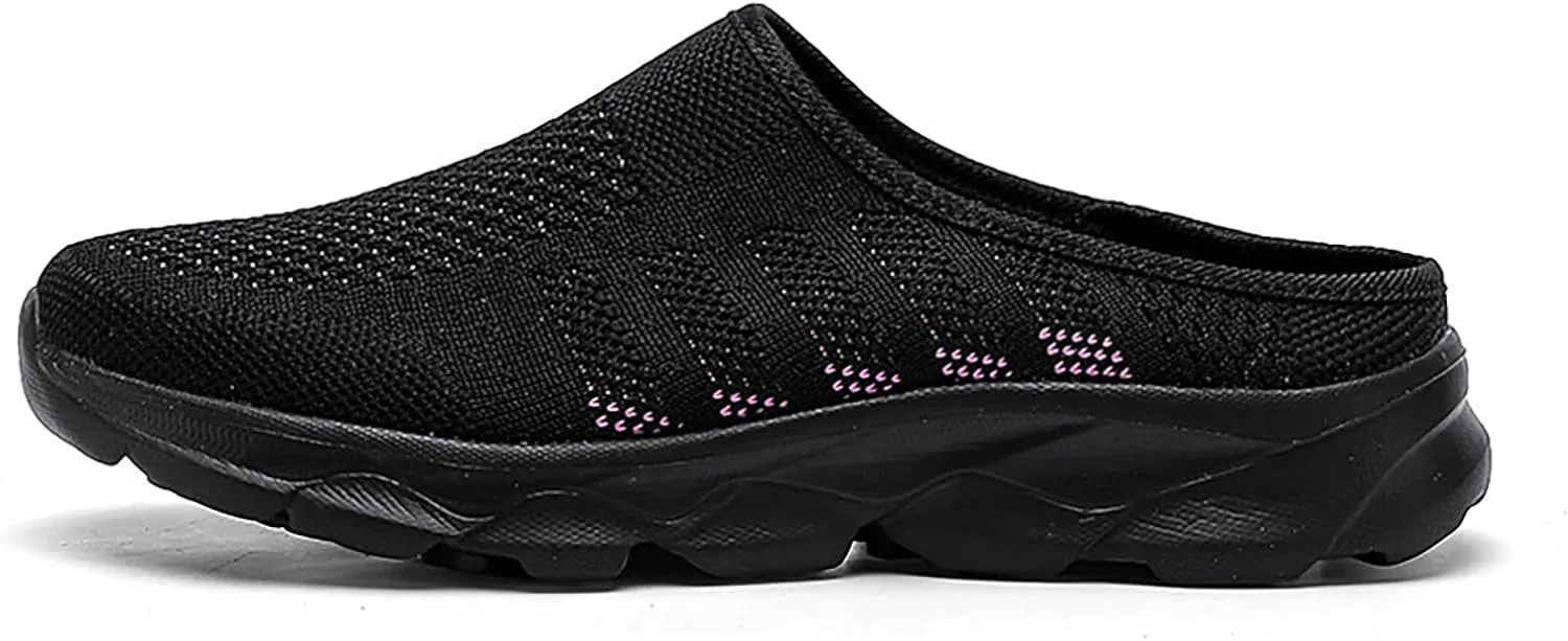 Women's Knit Round Toe Platform Clogs Mules Slip-On Casual Breathable Backless Wedge Arch Support Sneakers Non-Slip Lightweight Soft Sole Walking Driving Shoes