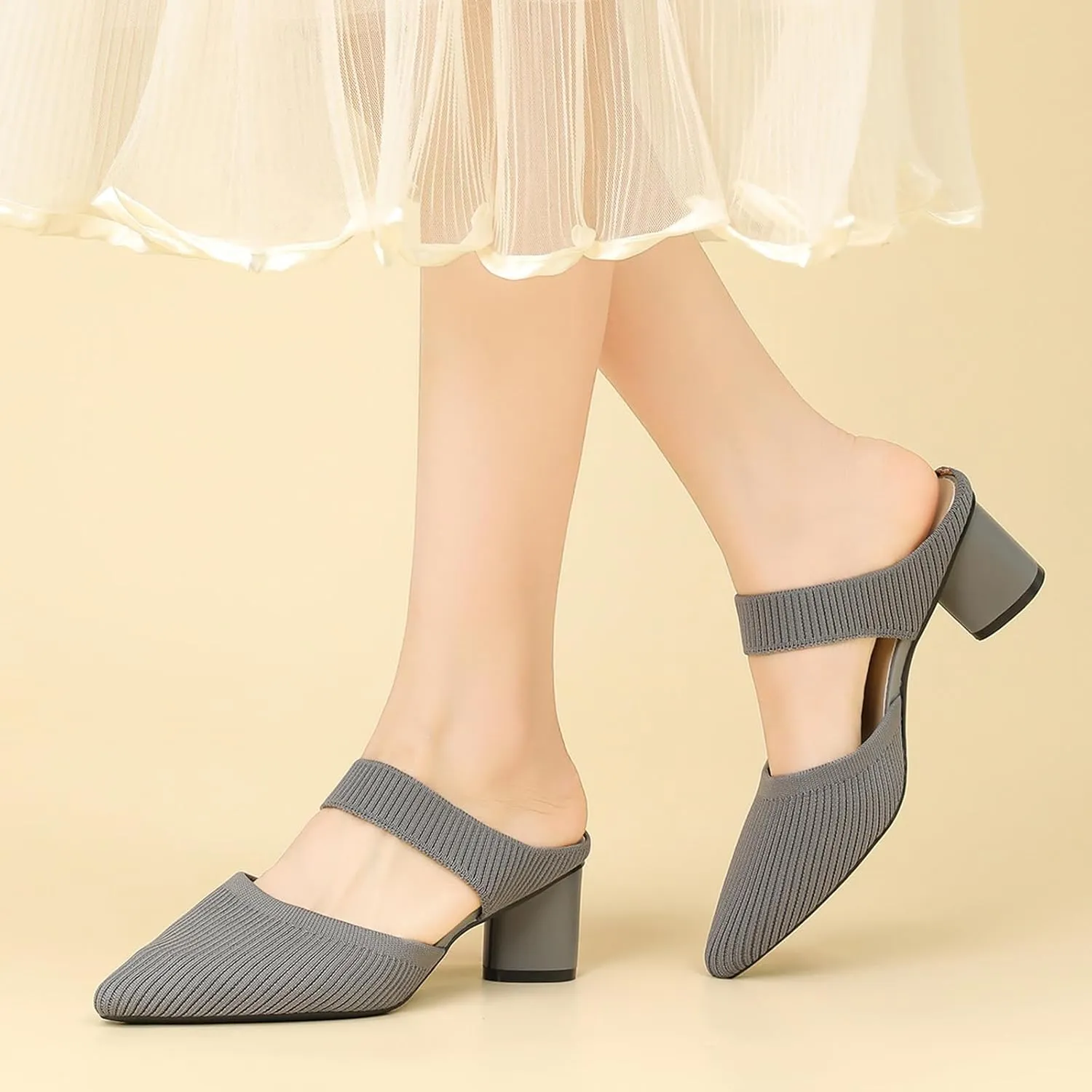 Women's Knitted Chunky Heel Closed Pointed Toe Mules Sandals Summer Elastic Breathable Non-Slip Mid Block Heel Comfort Slingback Pumps Slides for Leisure,Shopping,Dating,Dress