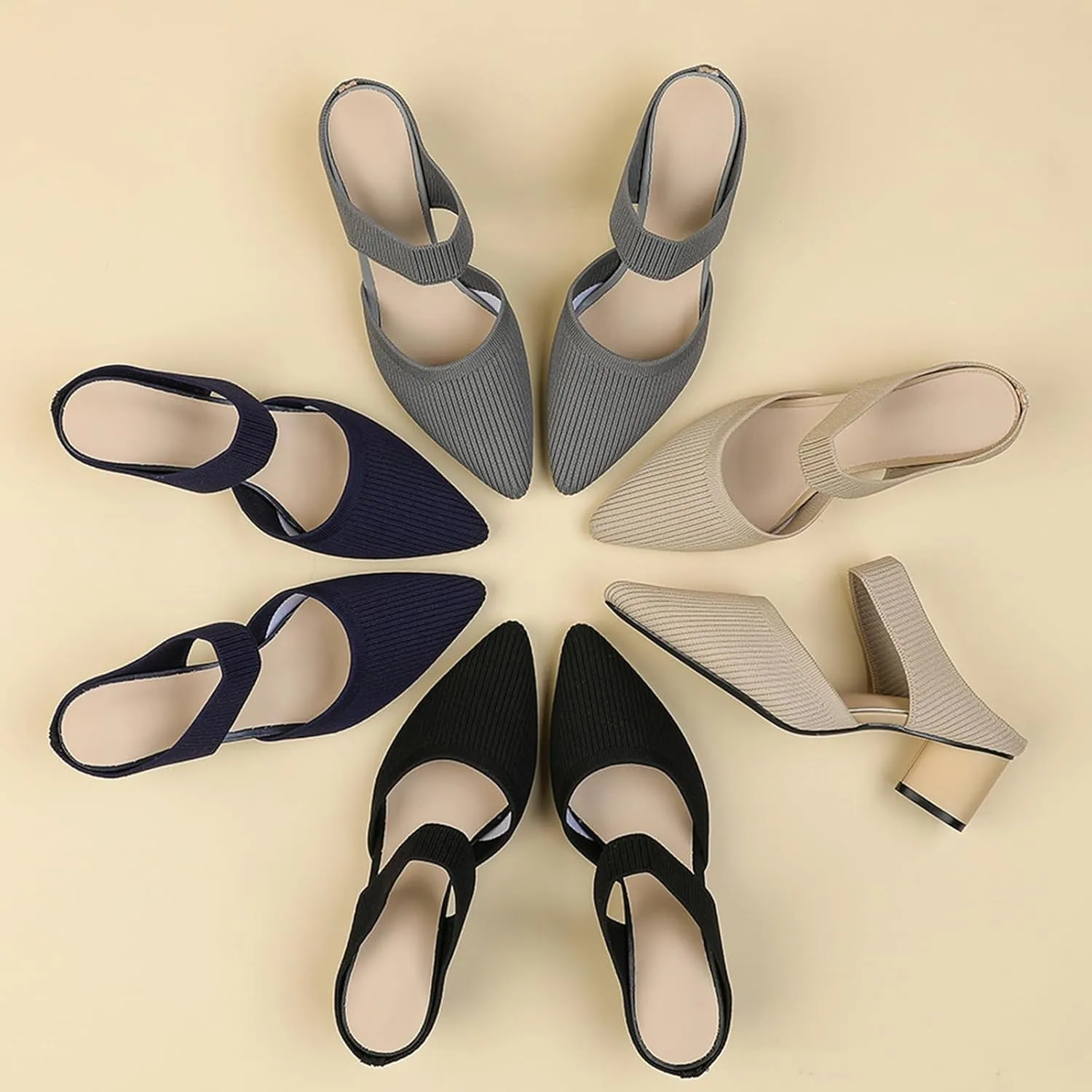 Women's Knitted Chunky Heel Closed Pointed Toe Mules Sandals Summer Elastic Breathable Non-Slip Mid Block Heel Comfort Slingback Pumps Slides for Leisure,Shopping,Dating,Dress
