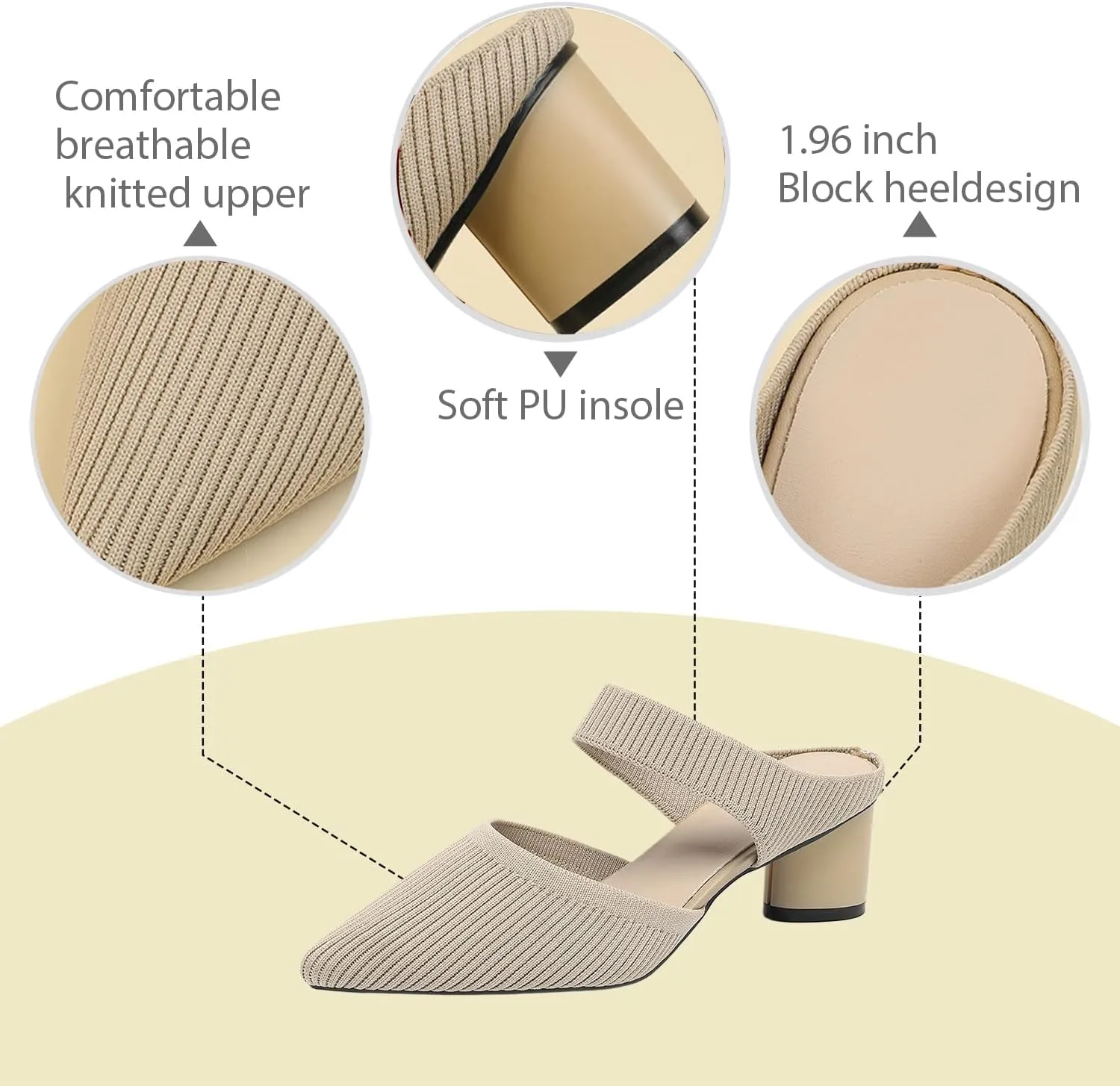 Women's Knitted Chunky Heel Closed Pointed Toe Mules Sandals Summer Elastic Breathable Non-Slip Mid Block Heel Comfort Slingback Pumps Slides for Leisure,Shopping,Dating,Dress