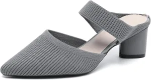Women's Knitted Chunky Heel Closed Pointed Toe Mules Sandals Summer Elastic Breathable Non-Slip Mid Block Heel Comfort Slingback Pumps Slides for Leisure,Shopping,Dating,Dress