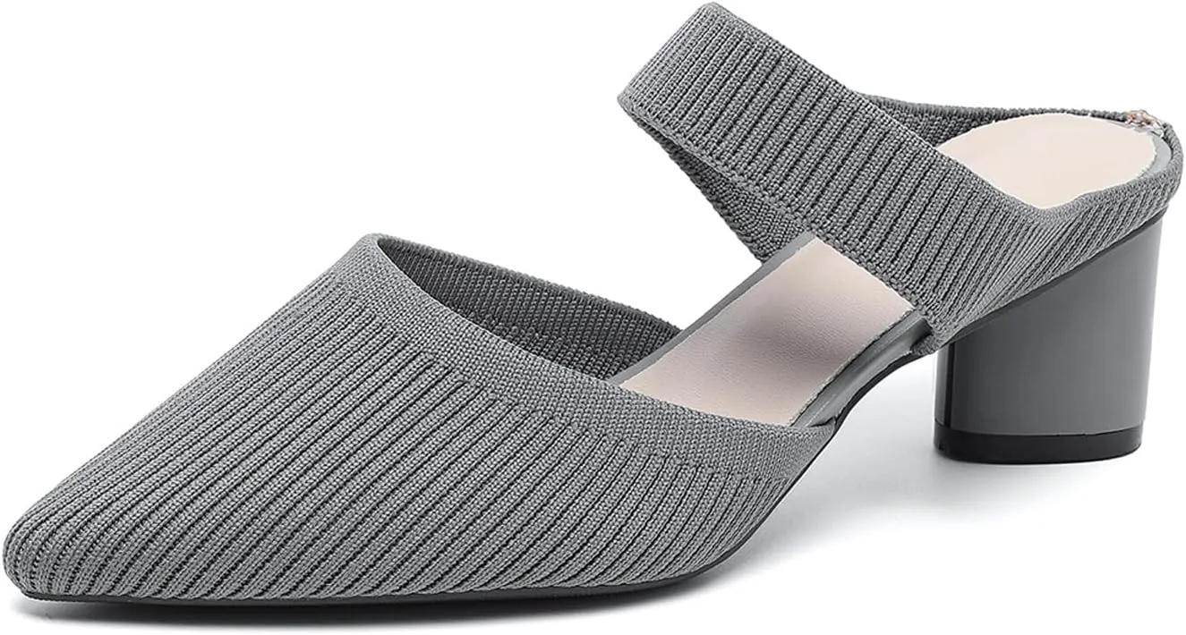 Women's Knitted Chunky Heel Closed Pointed Toe Mules Sandals Summer Elastic Breathable Non-Slip Mid Block Heel Comfort Slingback Pumps Slides for Leisure,Shopping,Dating,Dress