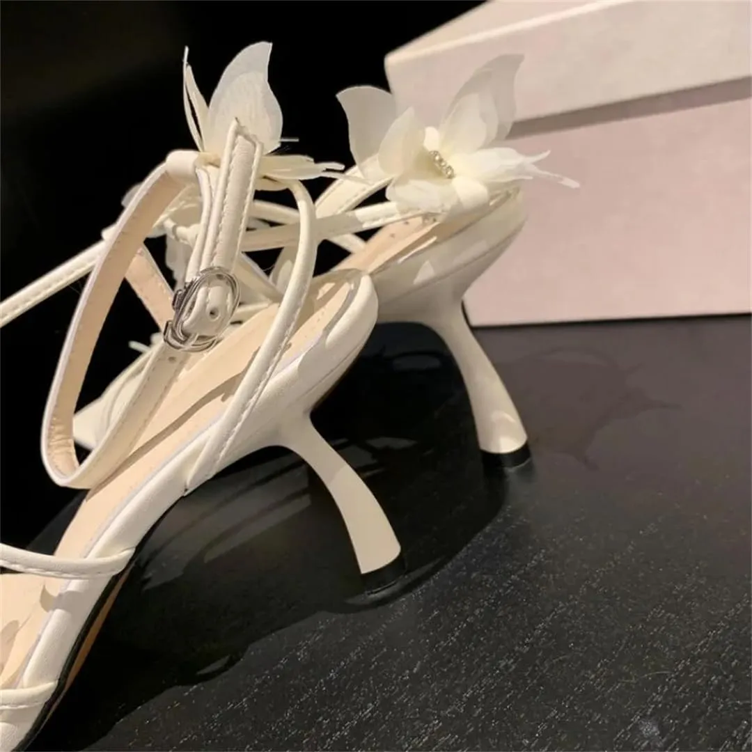 Women’S Lace 3D Butterfly Detail Slim Heel Square Open Toe Gladiator Style Ankle Strap Sandals With Buckle Closure Shoes