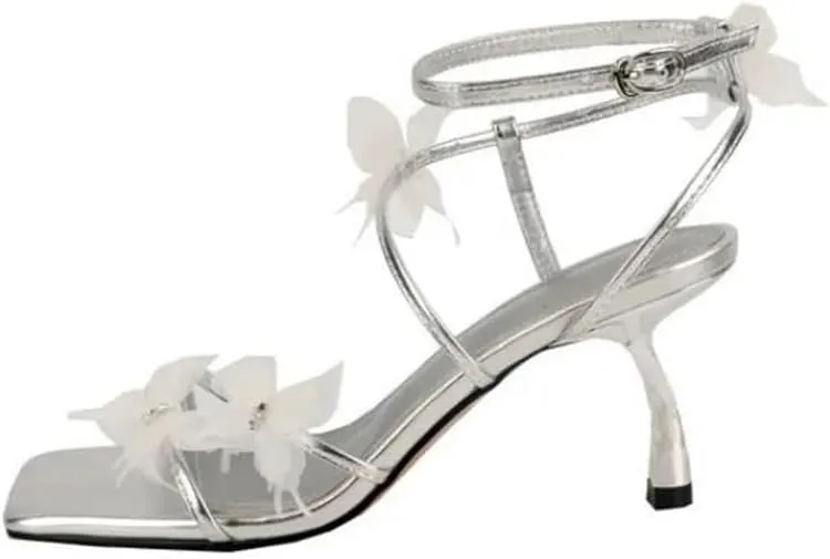 Women’S Lace 3D Butterfly Detail Slim Heel Square Open Toe Gladiator Style Ankle Strap Sandals With Buckle Closure Shoes