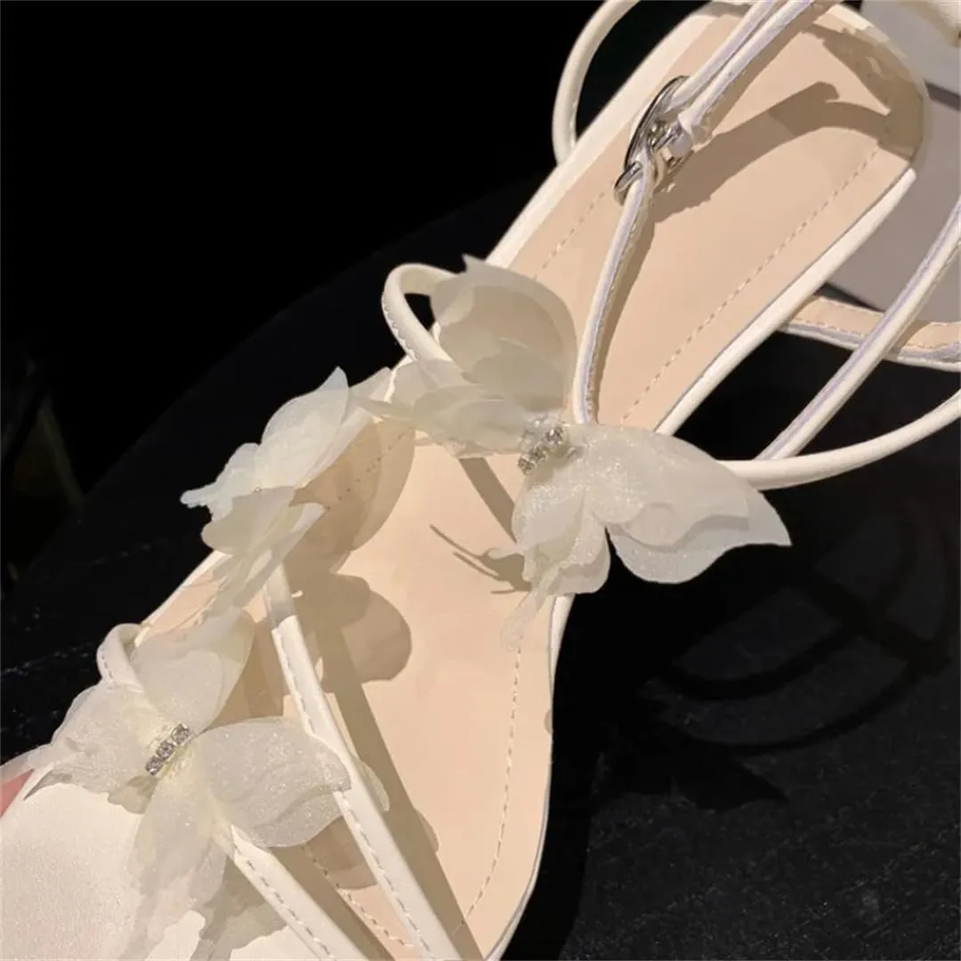 Women’S Lace 3D Butterfly Detail Slim Heel Square Open Toe Gladiator Style Ankle Strap Sandals With Buckle Closure Shoes
