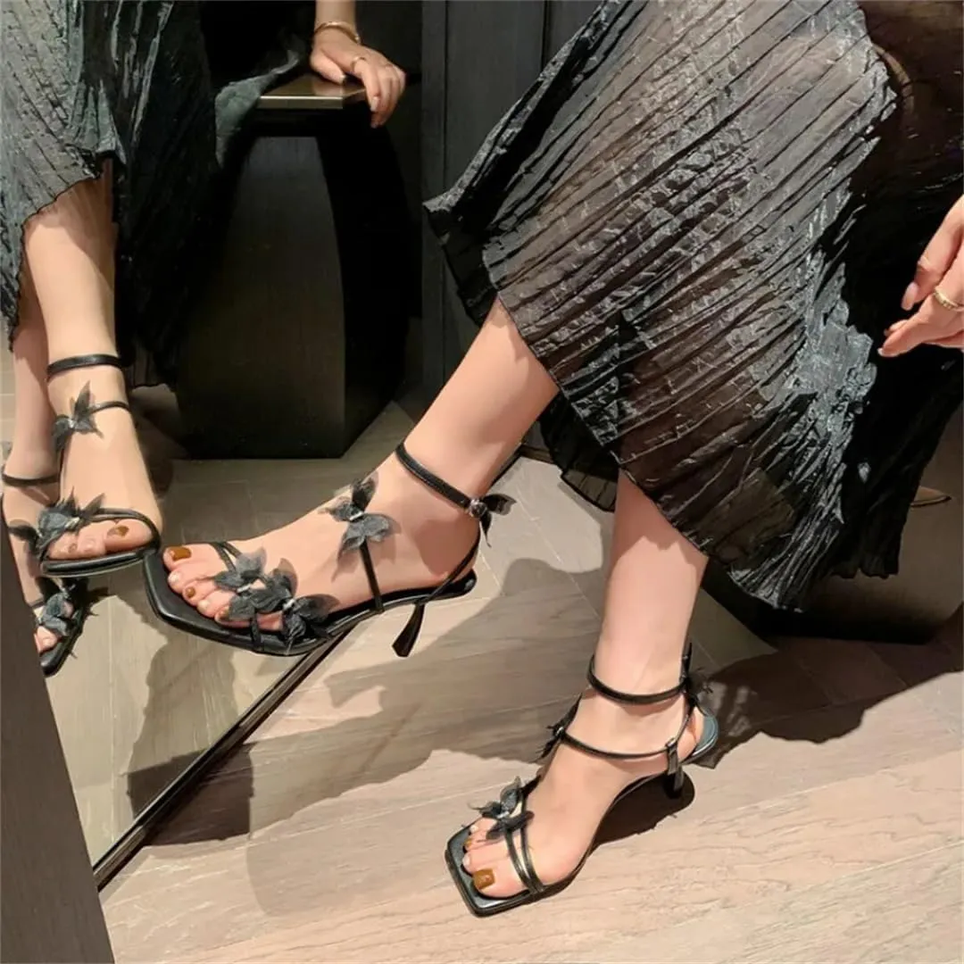 Women’S Lace 3D Butterfly Detail Slim Heel Square Open Toe Gladiator Style Ankle Strap Sandals With Buckle Closure Shoes