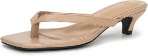 Women'S Leather Kitten Heel Flip Flops With Memory Foam Slip On Square Open Toe Cute Low Heels Dress Thong Sandals Summer Outdoor Comfortable Strappy Beach Slide Sandals