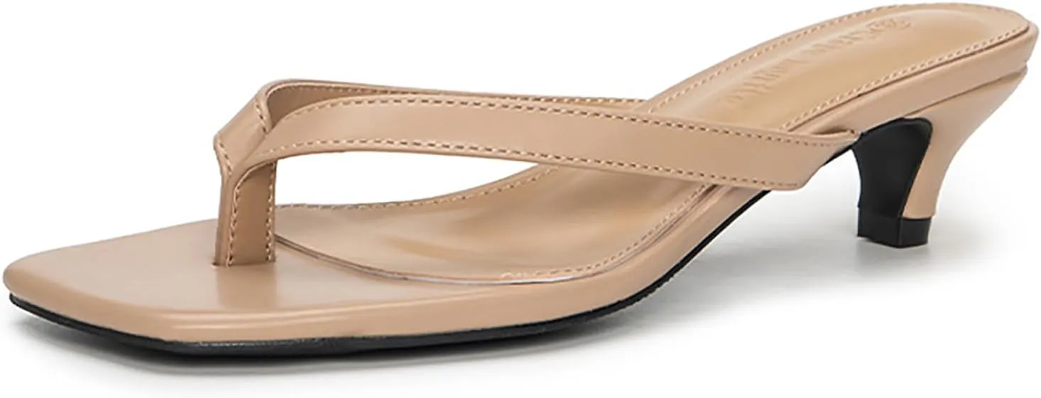 Women'S Leather Kitten Heel Flip Flops With Memory Foam Slip On Square Open Toe Cute Low Heels Dress Thong Sandals Summer Outdoor Comfortable Strappy Beach Slide Sandals