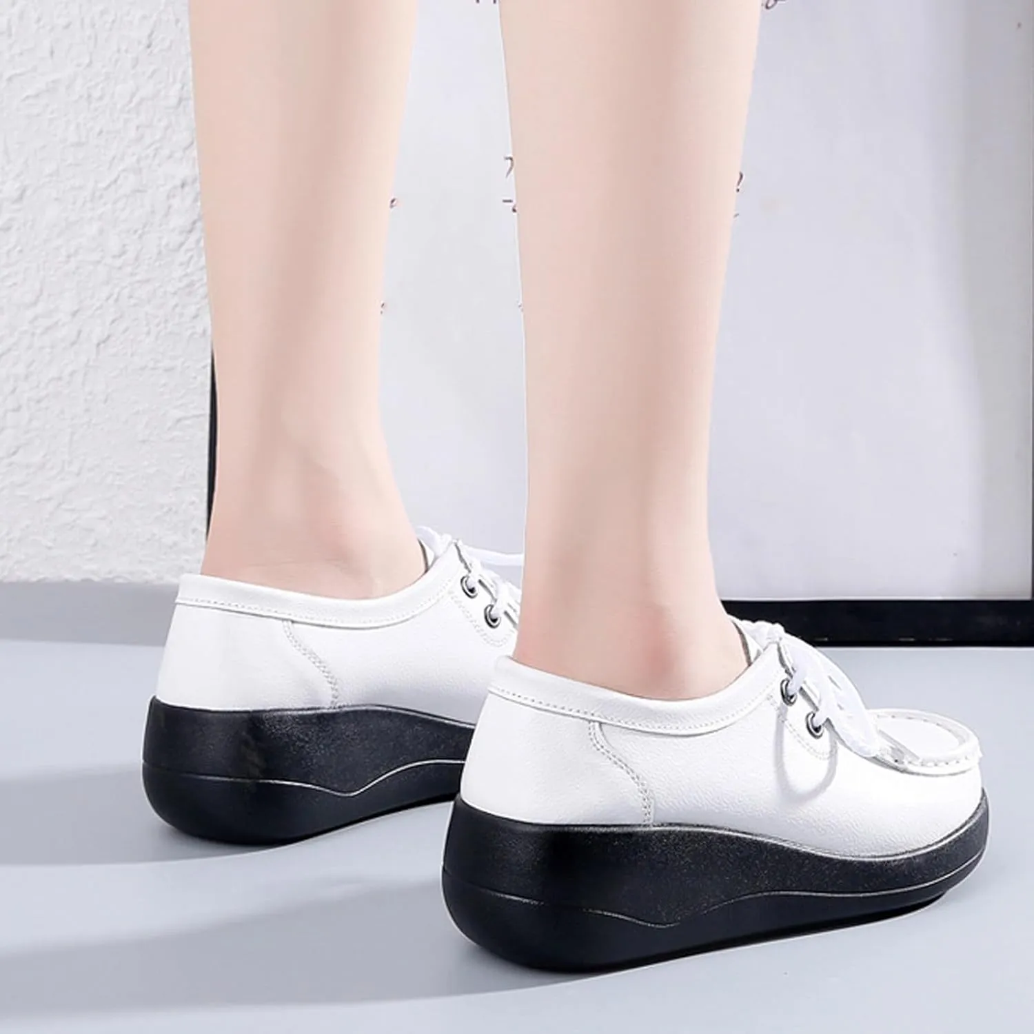 Women's Leather Lace up Slip On Platform Loafers,Comfortable Arch Support Round Toe Wedge Moccasins Non-Slip Increase Height Nurse Work Shoes