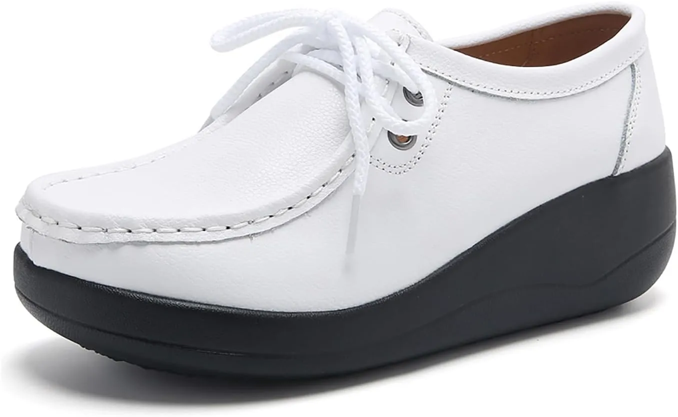 Women's Leather Lace up Slip On Platform Loafers,Comfortable Arch Support Round Toe Wedge Moccasins Non-Slip Increase Height Nurse Work Shoes