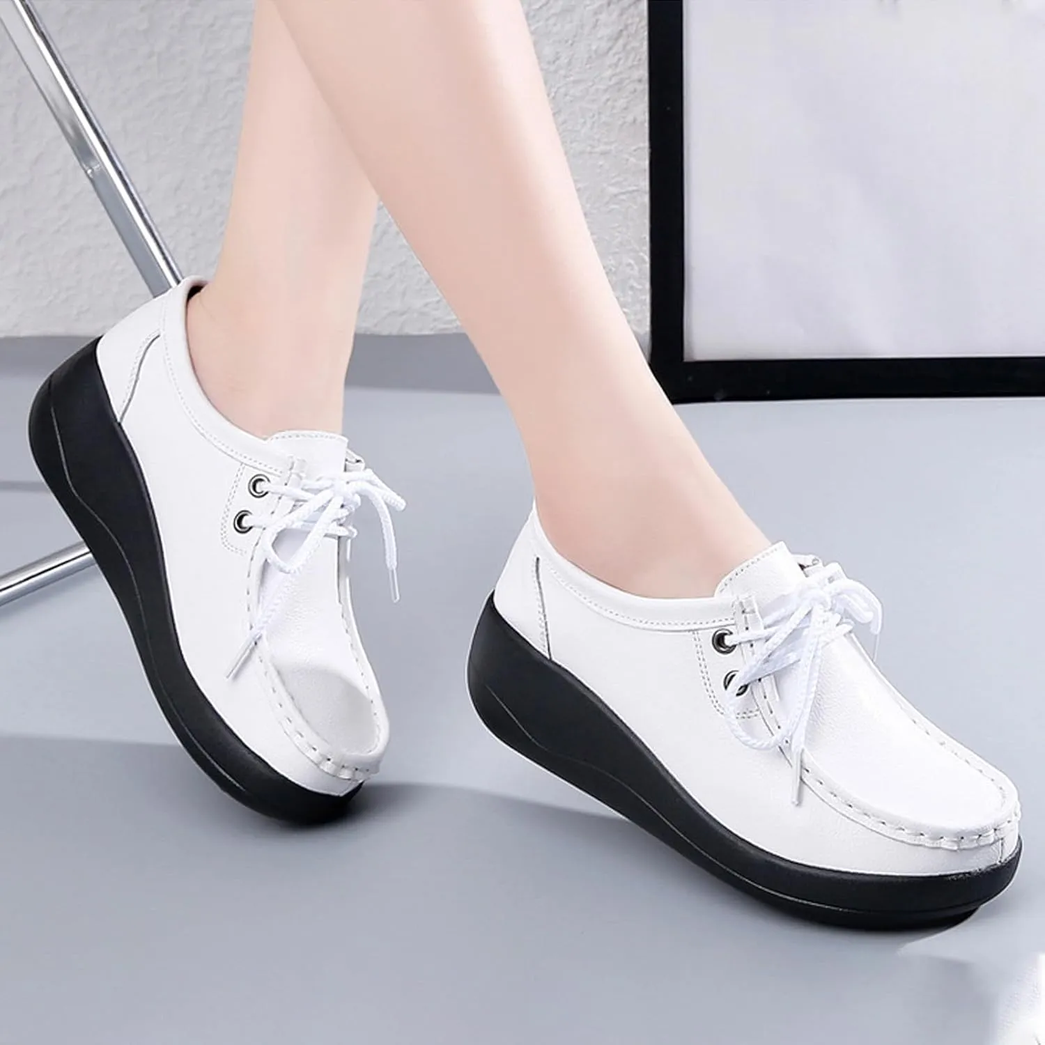Women's Leather Lace up Slip On Platform Loafers,Comfortable Arch Support Round Toe Wedge Moccasins Non-Slip Increase Height Nurse Work Shoes