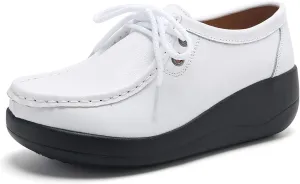 Women's Leather Lace up Slip On Platform Loafers,Comfortable Arch Support Round Toe Wedge Moccasins Non-Slip Increase Height Nurse Work Shoes
