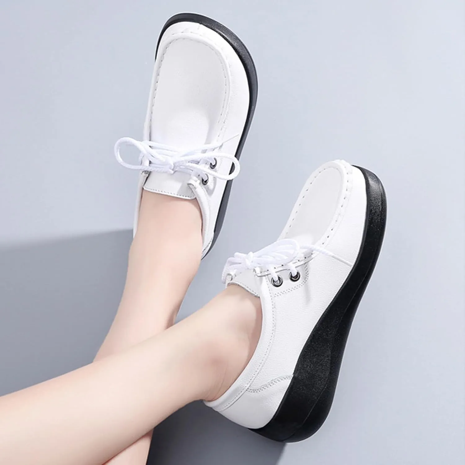 Women's Leather Lace up Slip On Platform Loafers,Comfortable Arch Support Round Toe Wedge Moccasins Non-Slip Increase Height Nurse Work Shoes