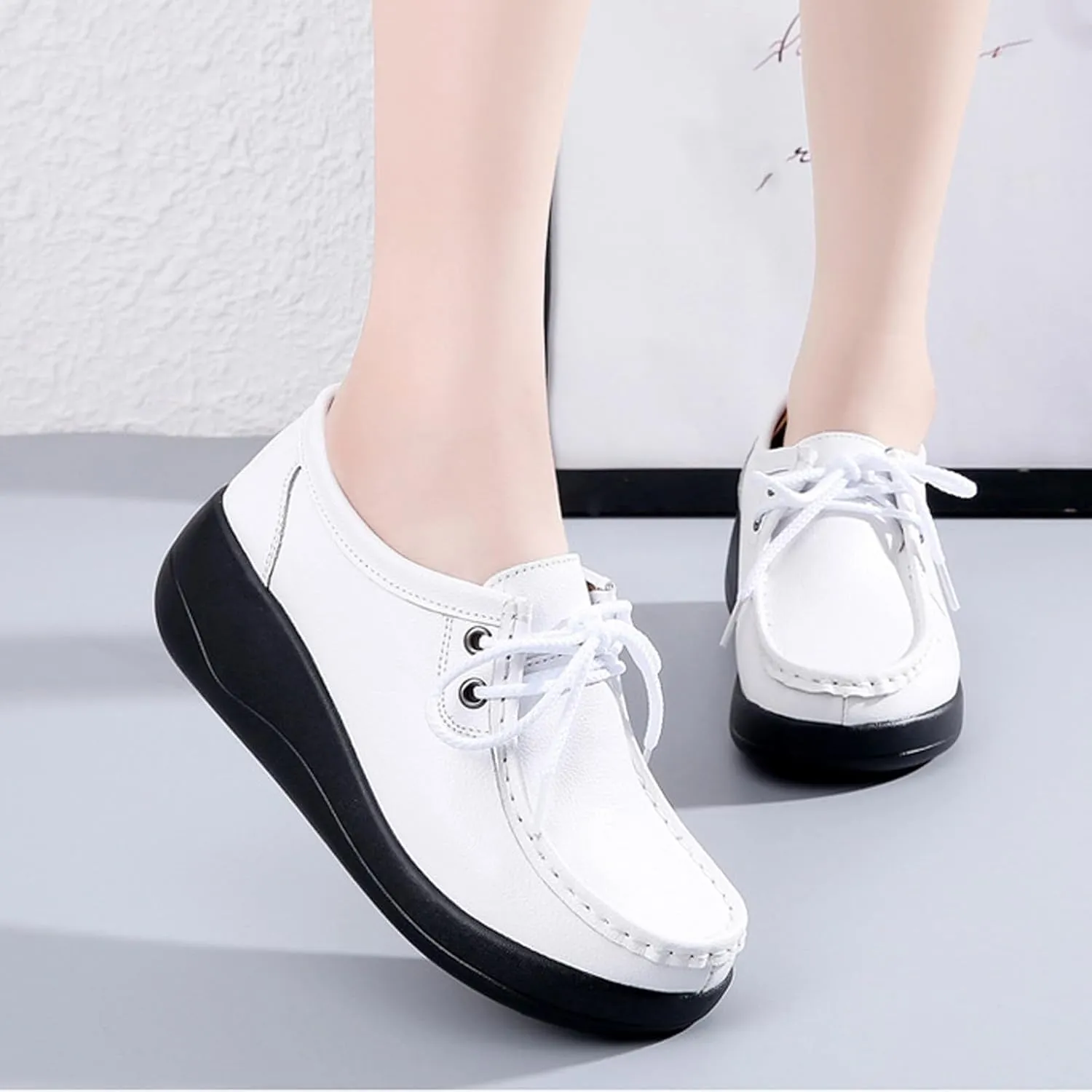 Women's Leather Lace up Slip On Platform Loafers,Comfortable Arch Support Round Toe Wedge Moccasins Non-Slip Increase Height Nurse Work Shoes