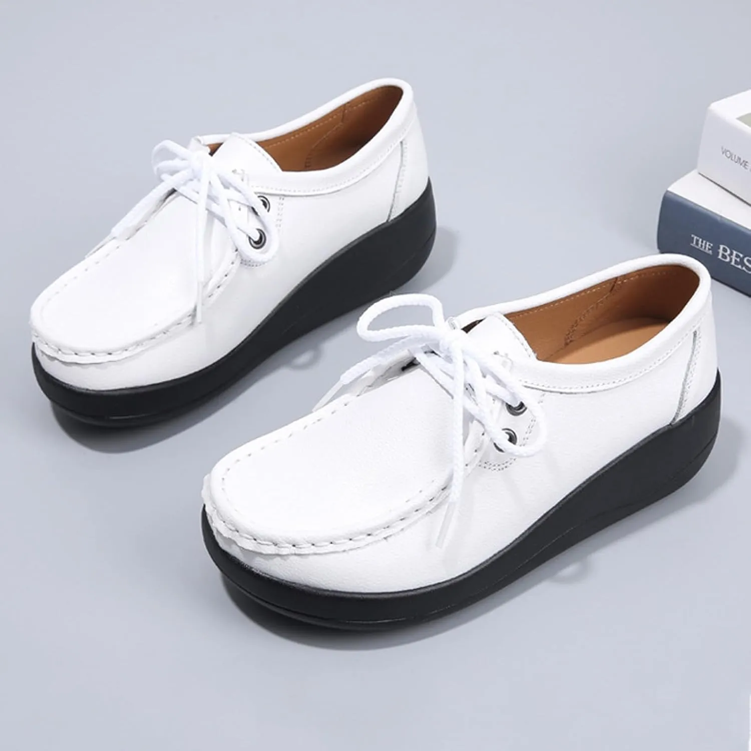 Women's Leather Lace up Slip On Platform Loafers,Comfortable Arch Support Round Toe Wedge Moccasins Non-Slip Increase Height Nurse Work Shoes