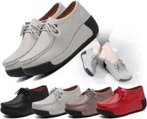 Women's Leather Lace up Slip On Platform Loafers,Comfortable Arch Support Round Toe Wedge Non-Slip Increase Wide Low Top Casual Platform Shoes