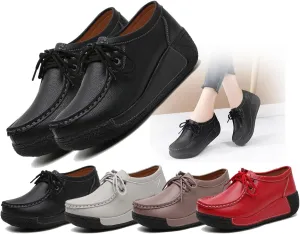 Women's Leather Lace up Slip On Platform Loafers,Comfortable Arch Support Round Toe Wedge Non-Slip Increase Wide Low Top Casual Platform Shoes