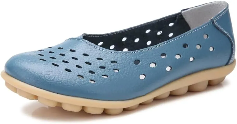 Women's Leather Shoes Loafers Slip-Ons Flats Casual Walking Driving Breathable Cutout