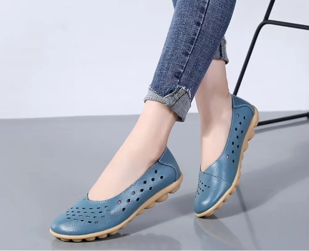Women's Leather Shoes Loafers Slip-Ons Flats Casual Walking Driving Breathable Cutout