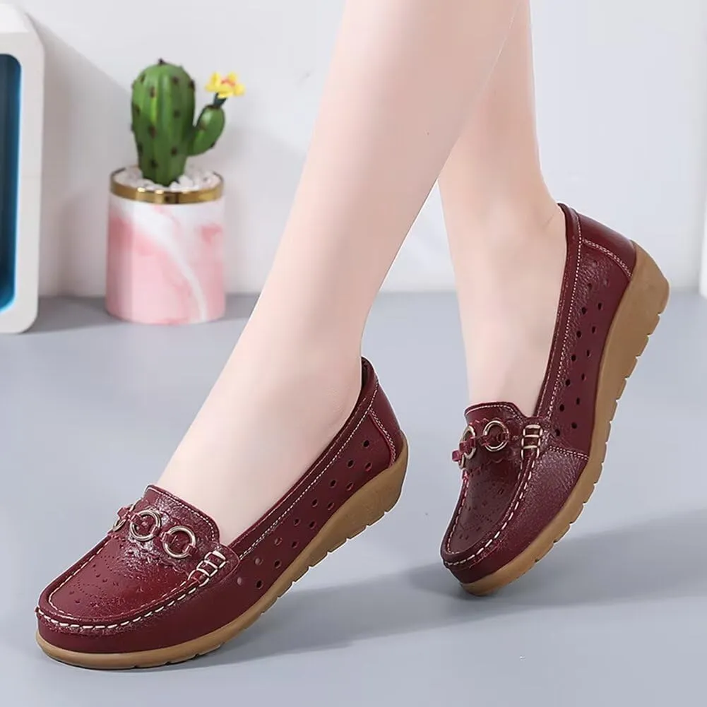 Women's Leather Wedge Moccasins Pumps Boat Shoes Casual Breathable Cushion Driving Slip-Ons
