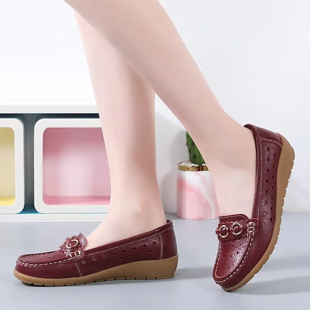 Women's Leather Wedge Moccasins Pumps Boat Shoes Casual Breathable Cushion Driving Slip-Ons