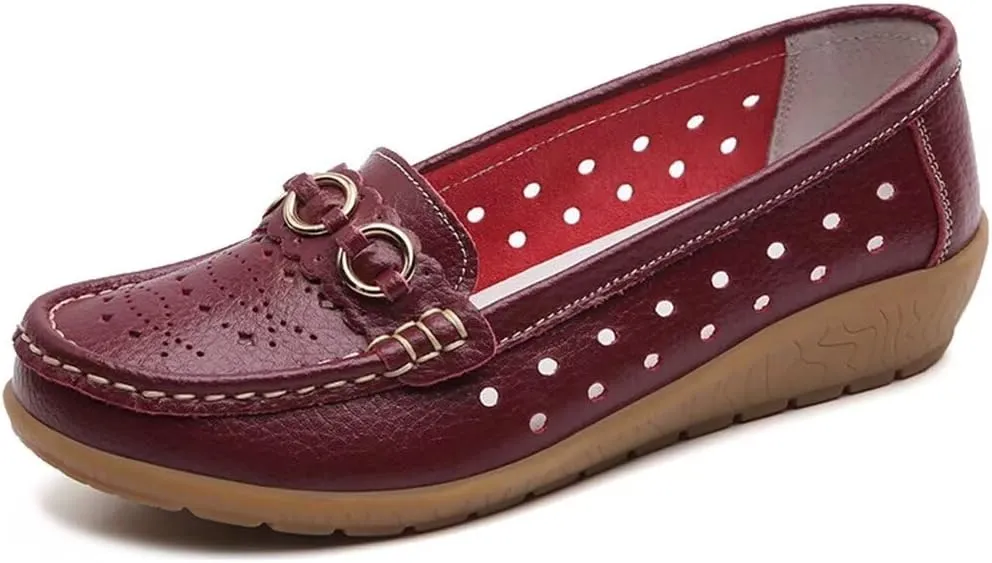 Women's Leather Wedge Moccasins Pumps Boat Shoes Casual Breathable Cushion Driving Slip-Ons
