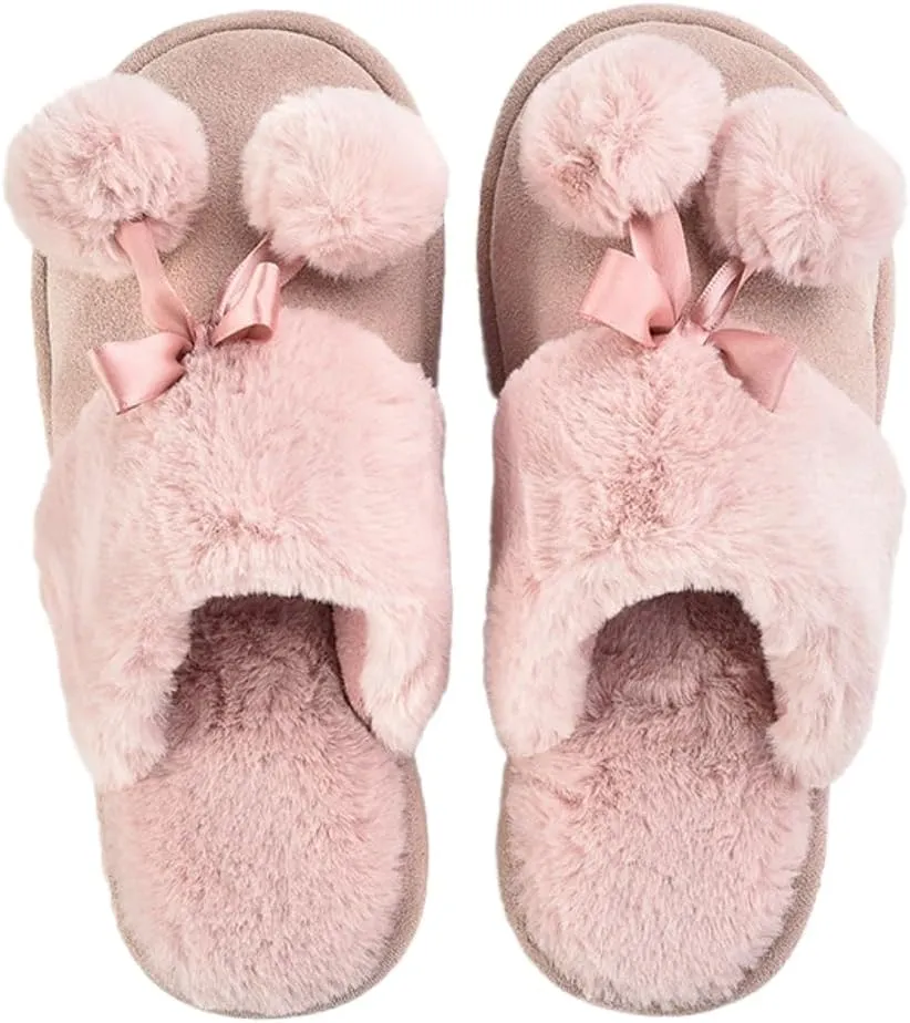 Women's Mens Cute Fuzzy Memory Foam Slippers Fluffy Winter Warm House Shoes Anti-Slip Bedroom Slides Indoor Outdoor with Pompom