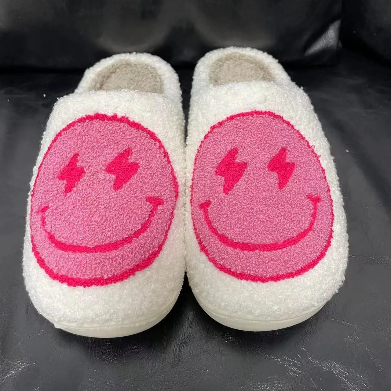 Women's Men's Retro Leopard Print Smiley Slippers Lightning Bolt Memory Foam Soft Plush Warm Non-Slip Home Shoes