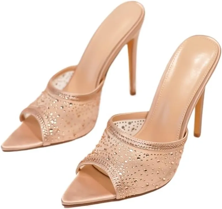 Women's Mesh Rhinestone Pointed Solid Color Casual and Fashionable Slim Heel High Heels(Apricot,8)