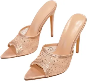 Women's Mesh Rhinestone Pointed Solid Color Casual and Fashionable Slim Heel High Heels(Apricot,8)