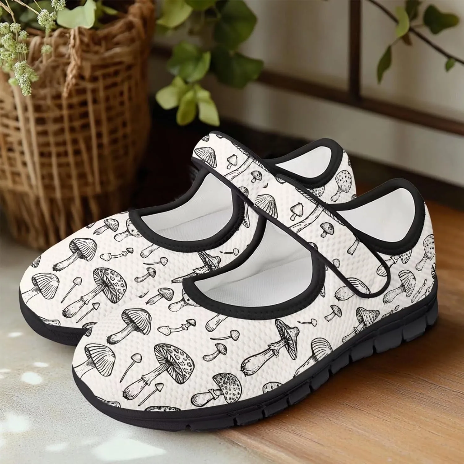 Womens Mushroom Print Mary Jane Flats Breathable Casual Shoes Lightweight Non Slip Fashion Walking Sneakers
