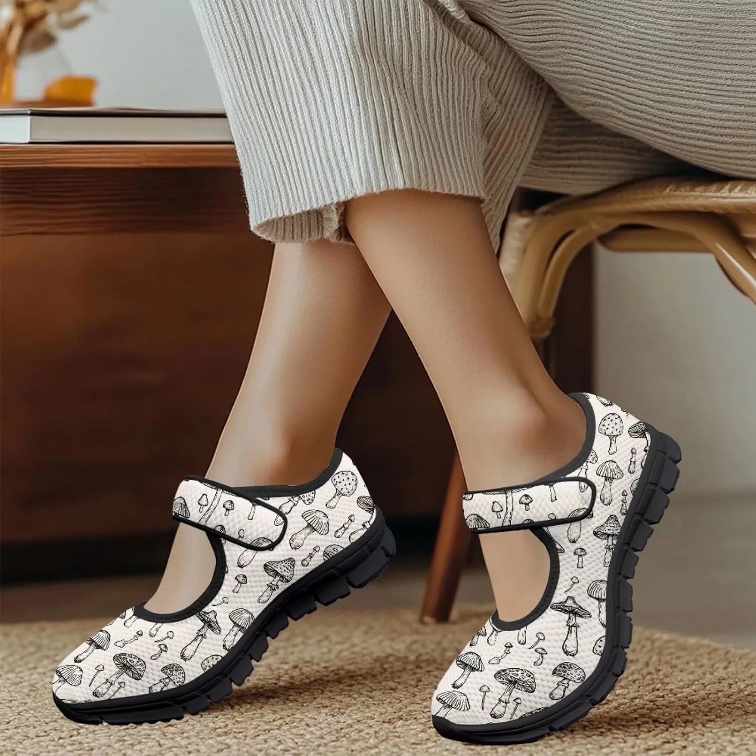 Womens Mushroom Print Mary Jane Flats Breathable Casual Shoes Lightweight Non Slip Fashion Walking Sneakers
