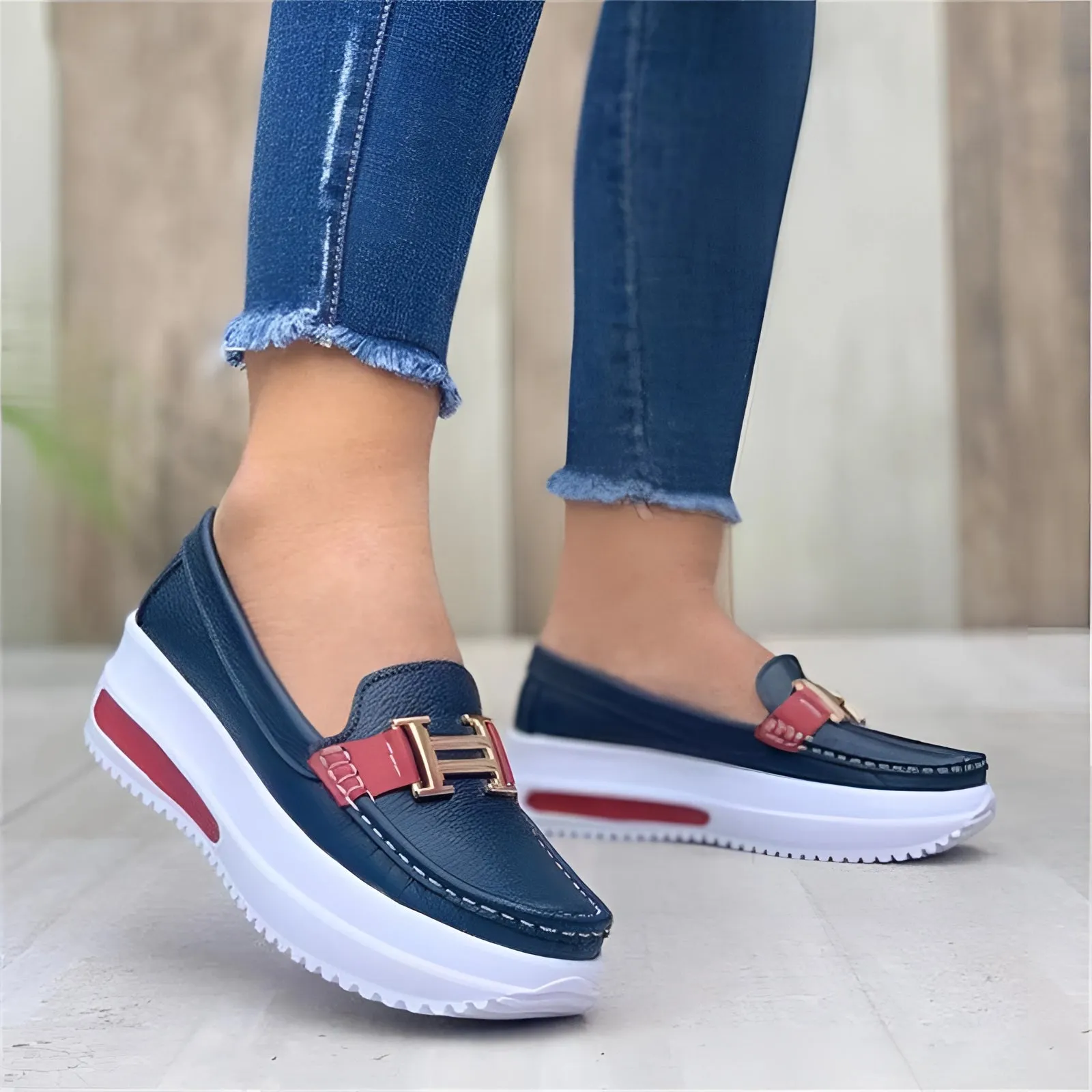 Women's Navy Blue Buckle Loafer Sneakers with Platform Sole