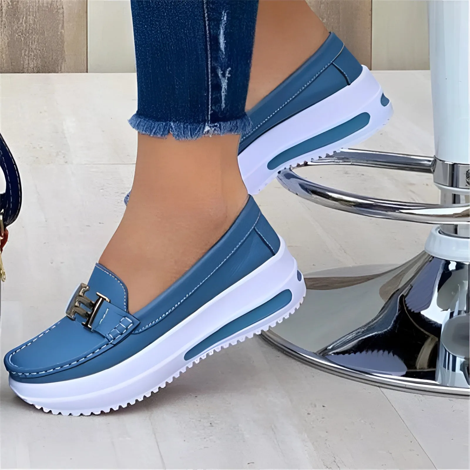 Women's Navy Blue Buckle Loafer Sneakers with Platform Sole