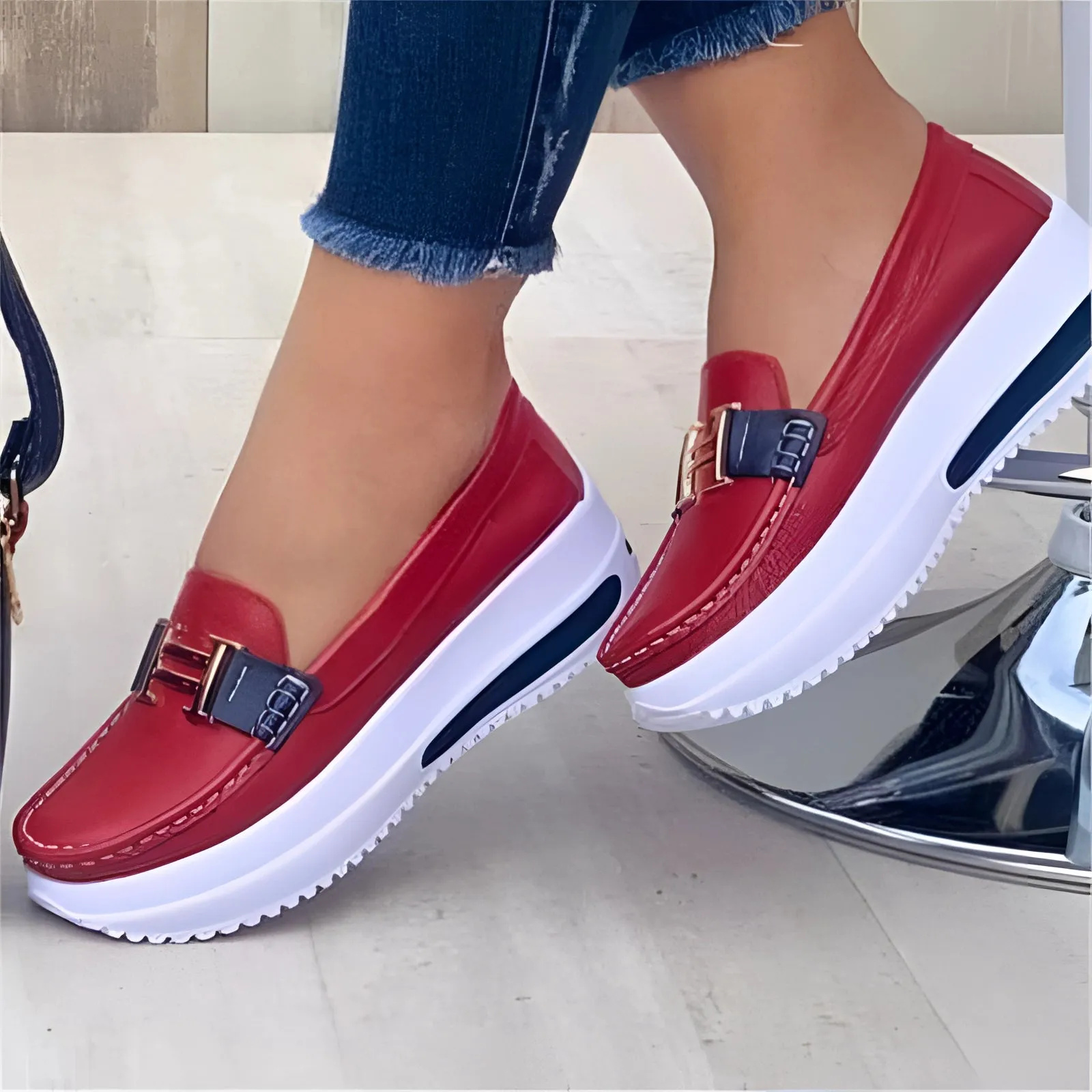 Women's Navy Blue Buckle Loafer Sneakers with Platform Sole