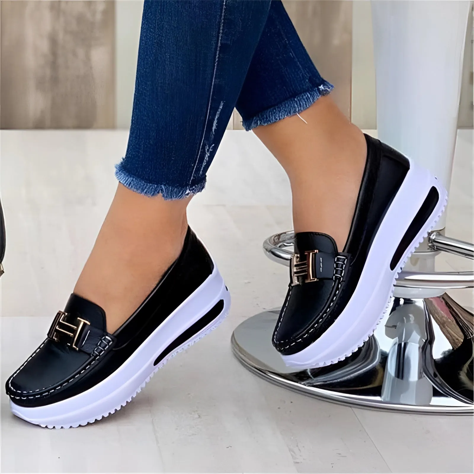 Women's Navy Blue Buckle Loafer Sneakers with Platform Sole