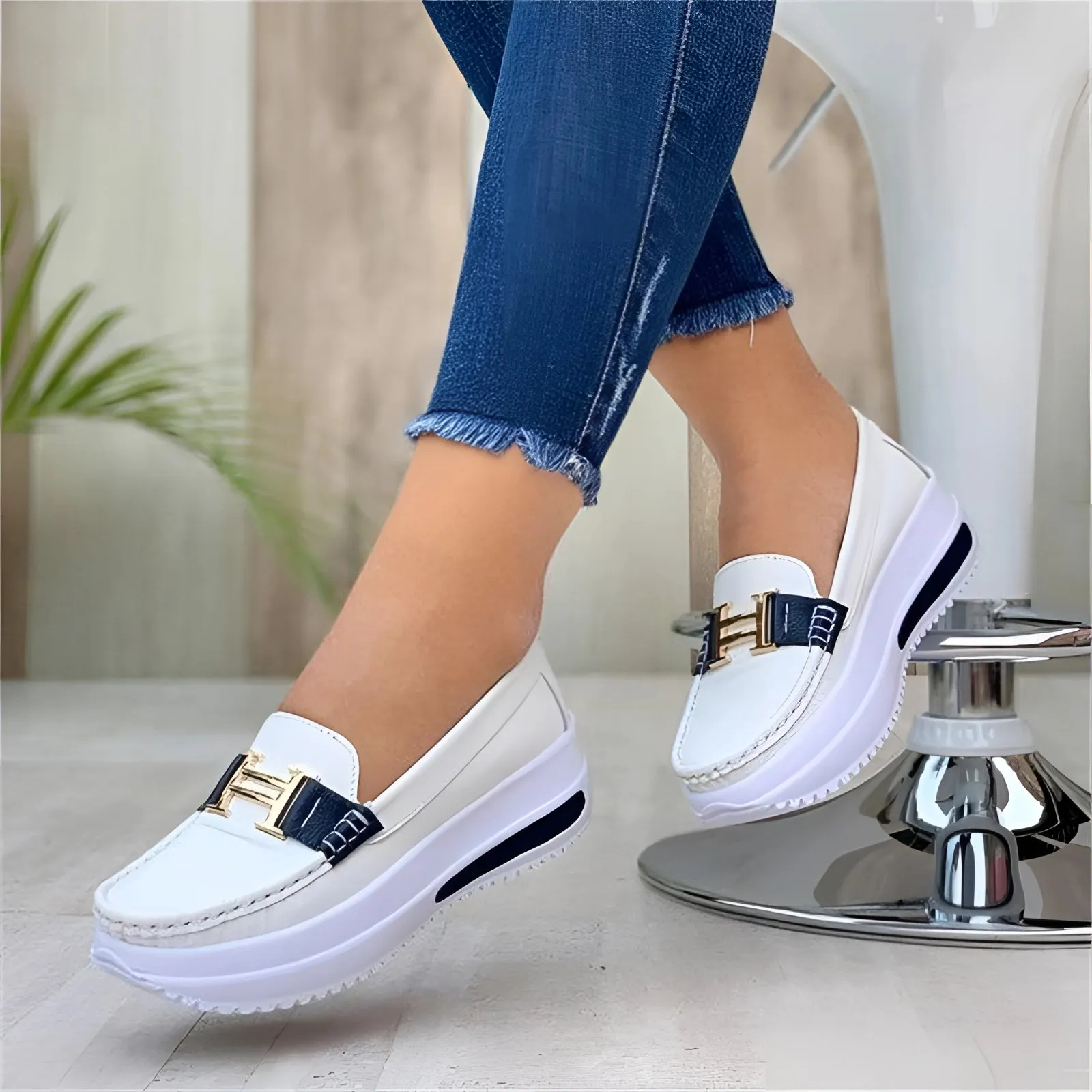 Women's Navy Blue Buckle Loafer Sneakers with Platform Sole
