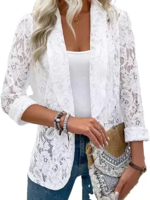 Women's Open Front Long Sleeve Lace Cardigan Lightweight Floral Crochet Knit Sheer Cardigan Suit