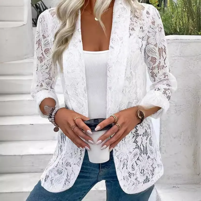 Women's Open Front Long Sleeve Lace Cardigan Lightweight Floral Crochet Knit Sheer Cardigan Suit