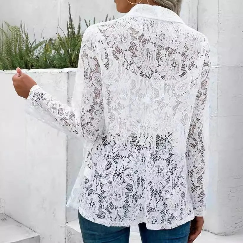 Women's Open Front Long Sleeve Lace Cardigan Lightweight Floral Crochet Knit Sheer Cardigan Suit