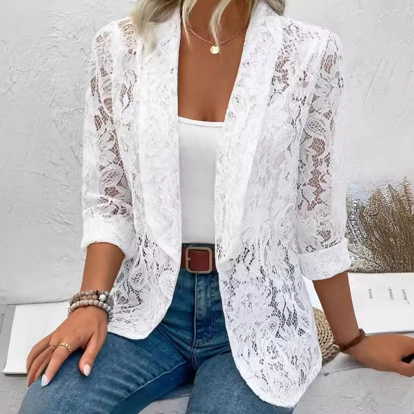 Women's Open Front Long Sleeve Lace Cardigan Lightweight Floral Crochet Knit Sheer Cardigan Suit