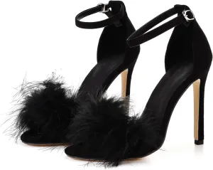 Women's Open Toe Ankle Strap Fluffy Feather Stiletto Heels Sandals Dress Sandal Party Evening High Heel Pump Shoes