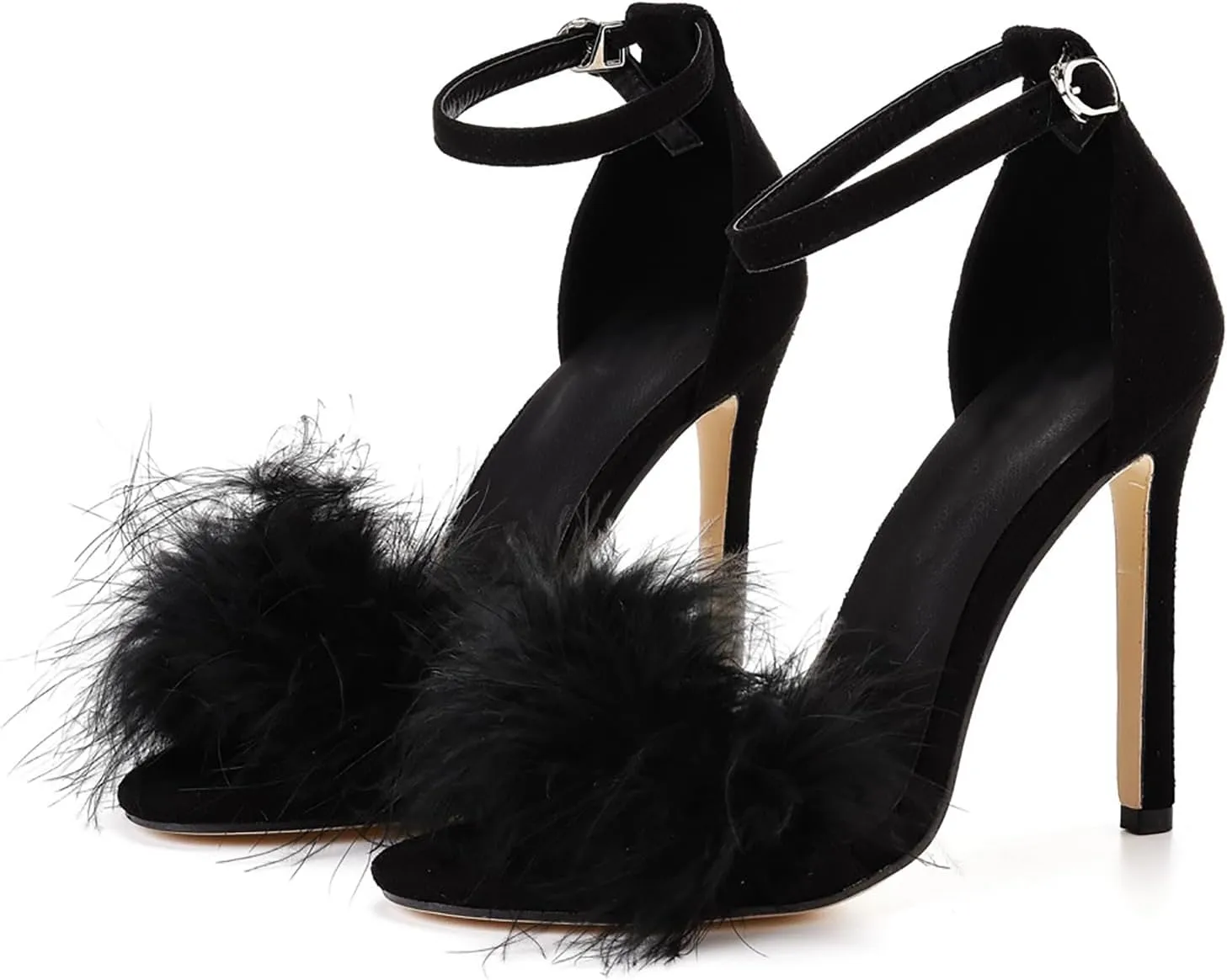 Women's Open Toe Ankle Strap Fluffy Feather Stiletto Heels Sandals Dress Sandal Party Evening High Heel Pump Shoes