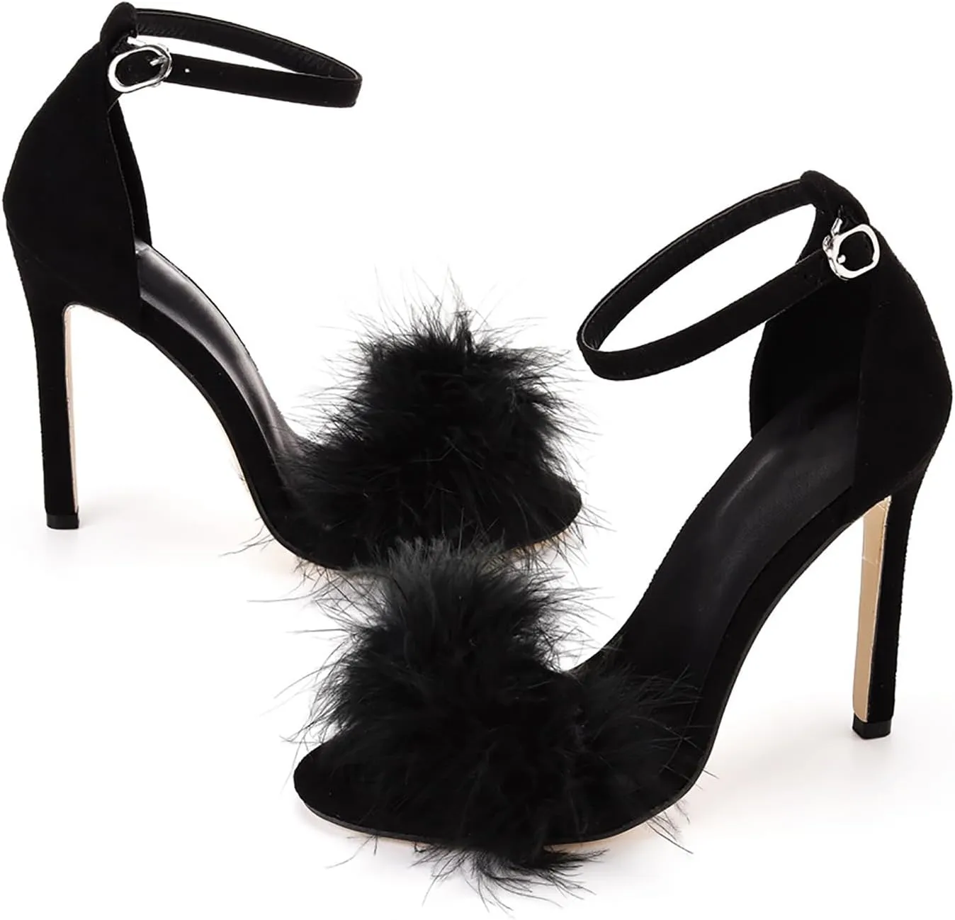 Women's Open Toe Ankle Strap Fluffy Feather Stiletto Heels Sandals Dress Sandal Party Evening High Heel Pump Shoes