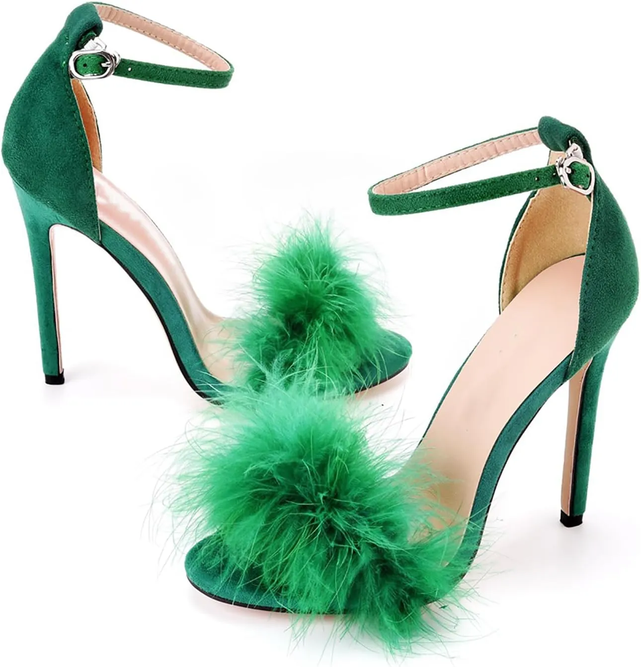 Women's Open Toe Ankle Strap Fluffy Feather Stiletto Heels Sandals Dress Sandal Party Evening High Heel Pump Shoes